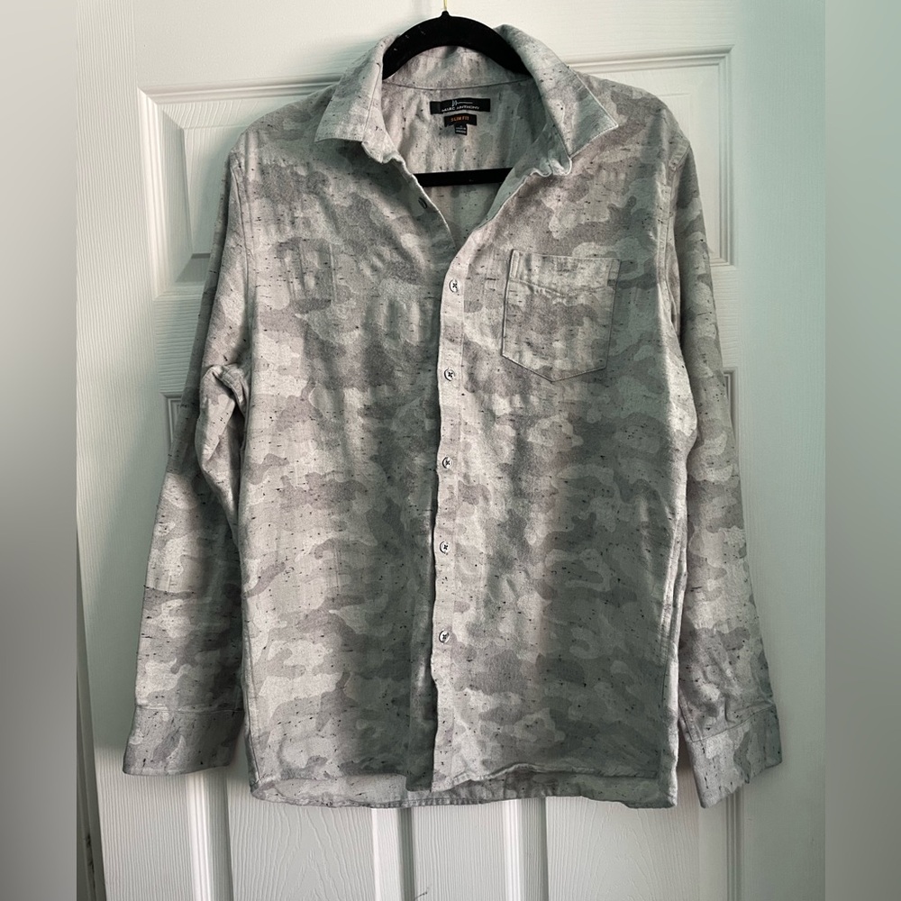 Marc Anthony Slim Fit Button Down Flannel Shirt Gray Camo Soft Touch Size Large